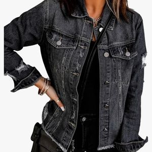 Retro Black Distressed Frayed Jean Jacket XXL